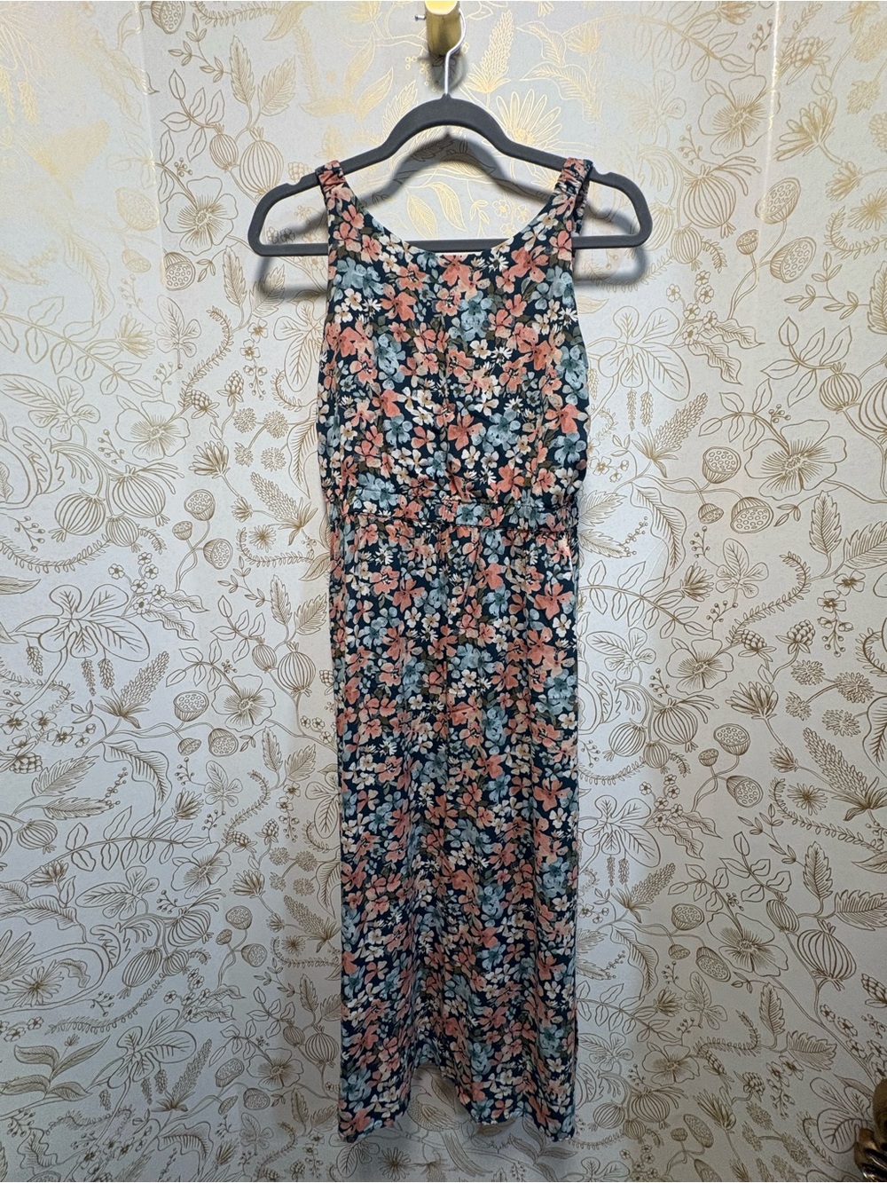 O'Neill Floral Midi Dress in Navy, Coral & Light Blue